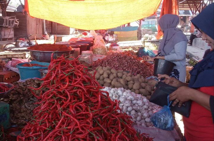 Jelang Idul Adha, Harga Bahan Pokok di Agam Turun 1 Pedagang Pasar Serikat Lubukbasung Garagahan sedang melayani pembeli.