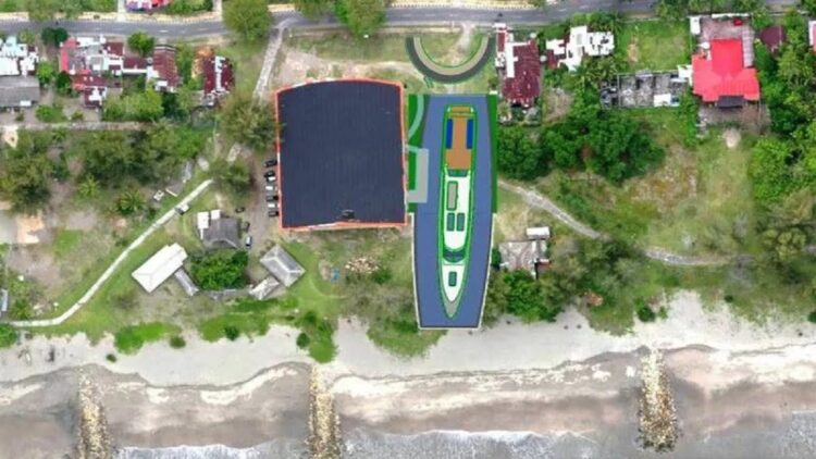 Foto udara rencana lokasi diletakkan KRI Teluk Ratai 509 di samping GOR Pauh Pariaman, Sumbar. (ANTARA/HO-Dinas Pekerjaan Umum, Penataan Ruang dan Pertanahan Kota Pariaman.)