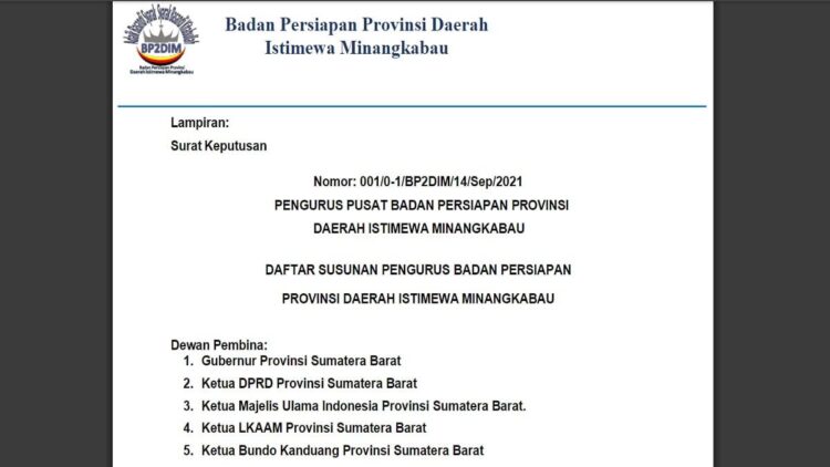 Surat edaran Badan Pengurus Pusat Persiapan Daerah Istimewa Minangkabau. (tangkapan layar)