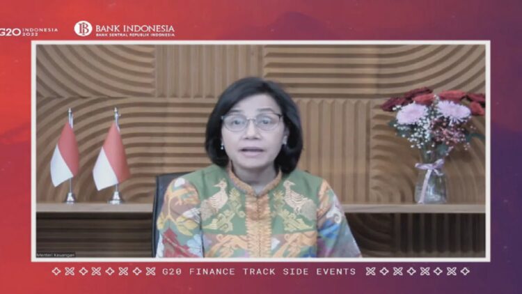 Menteri Keuangan Sri Mulyani Indrawati dalam Acara G20 di Jakarta, Rabu (16/2/2022). (ANTARA/AstridFaidlatulHabibah)