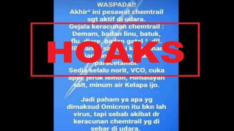 Beredar Isu Chemtrails Sebabkan Omicron, Begini Penjelasan BMKG 1 Beredar klaim yang menyebutkan varian Omicron bukan virus, tapi efek keracunan chemtrail (bahan kimia berbahaya) yang disebar di udara menggunakan pesawat terbang. Klaim tersebut keliru.(Screenshot)