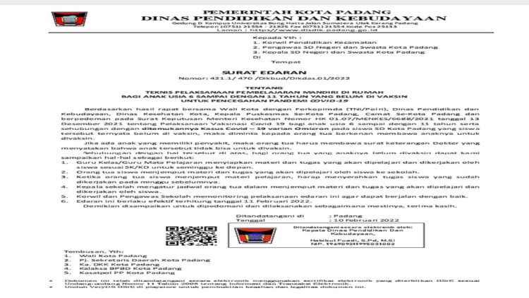 Surat Edaran soal pembelajaran mandiri di rumah. (IST)