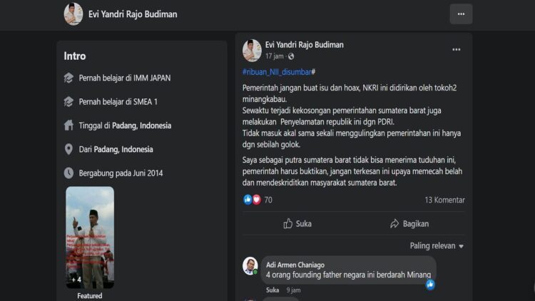 Postingan Evi Yandri Rajo Budiman. (tangkapan layar Facebook)
