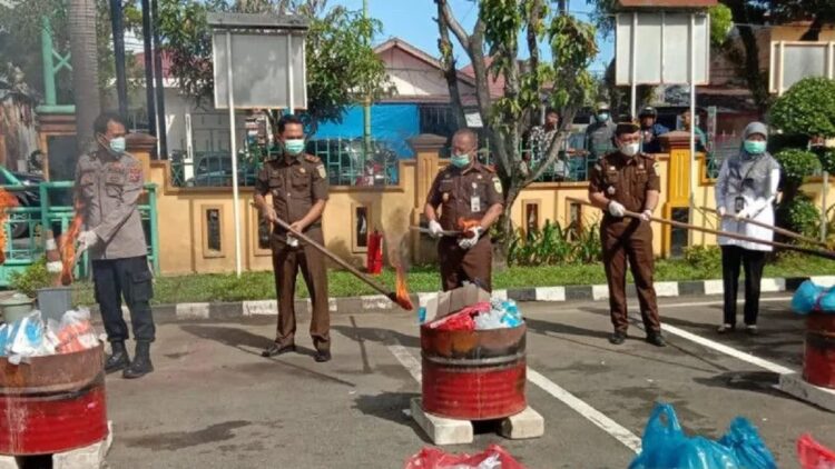 40 Kg Ganja Kering Barang Bukti Kasus Narkoba Dimusnahkan Kejari Padang 1 Pemusnahan barang bukti di halaman Kantor Kejari Padang, pada Selasa (31/5/2022). (ANTARA/Fathul Abdi)