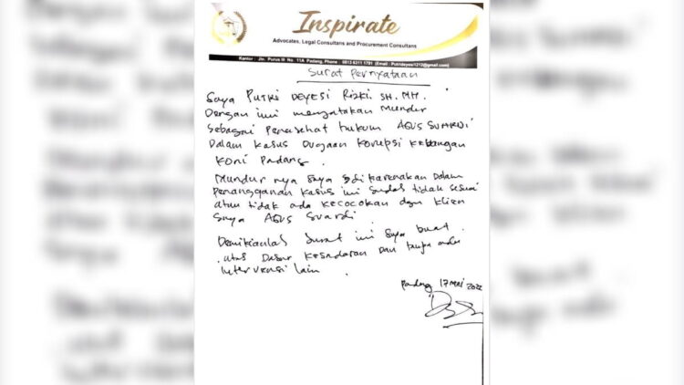 Kuasa Hukum Tersangka Korupsi KONI Padang Mengundurkan Diri 1 Surat mundur kuasa hukum Abien.