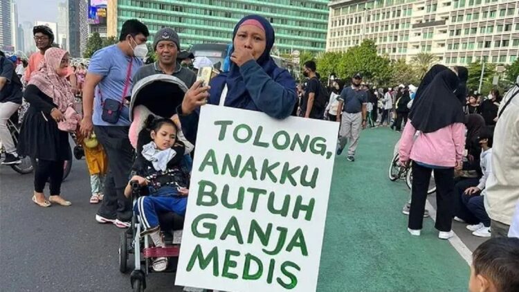 Dokumentasi unggahan foto seorang ibu membawa poster bertuliskan "Tolong, Anakku Butuh Ganja Medis" pada hari tanpa mobil di Bundaran HI, Jakarta, Minggu (26/6/2022). (ANTARA/Twitter/@andienaisyah/Yogi Rachman)