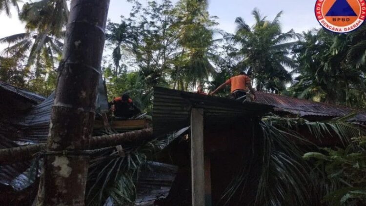Anggota Tim Reaksi Cepat BPBD Padang Pariaman, Sumbar mengevakuasi pohon yang menimpa rumah yang juga dijadikan warung di Sungai Limau, Jumat (. ANTARA/HO-BPBD Padang Pariaman )