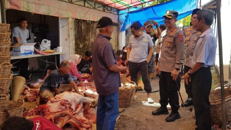 Kapolresta Padang Pastikan Keamanan Lokasi Penyembelihan Hewan Kurban 1 Kapolresta Padang melihat prosesi pemotongan hewan kurban.