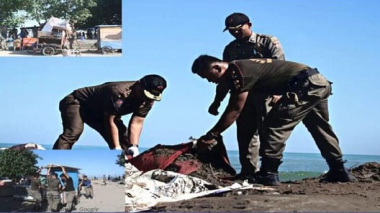 Petugas Satpol PP Padang menertibkan lapak PKL di Pantai Muaro Lasak. (IST)