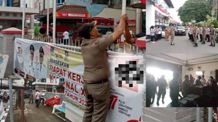 Tak Berizin, Sejumlah Spanduk Iklan di Padang Dicopot Tim Gabungan 1 Tim gabungan di Padang menertibkan sejumlah spanduk iklan yang tak berizin. (IST)