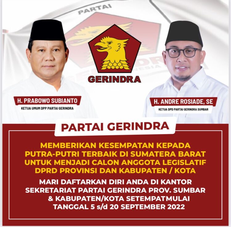 Gerindra Sumbar Buka Pendaftaran menjadi Calon Anggota DPRD Provinsi dan Kabupaten/Kota