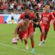 Selebrasi Firman Juliansyah usai mencetak gol keempat untuk Semen Padang FC