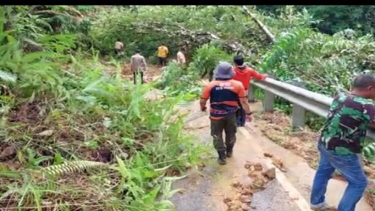Jalur dari Bungus menuju Sungai Pisang ditutupi material longsor. Sementara, jalur itu tak dapat dilalui. (IST)