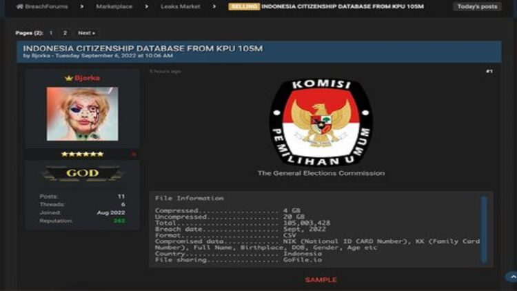 Dugaan kebocoran data KPU yang dijual akun Bjorka di situs gelap. Foto: (Tangkapan layar Breached Forums)