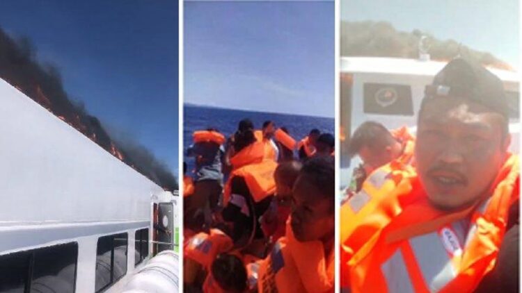 Kapal Cantika 77 yang terbakar dalam pelayaran Kupang - Alor, Senin 24 Oktober 2022. (IST)