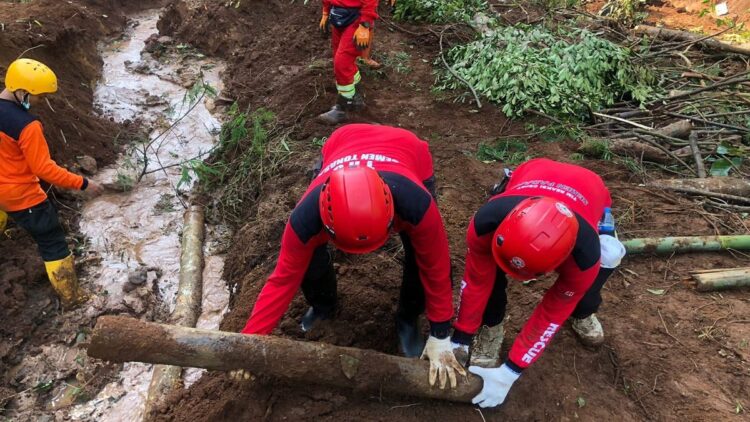 TRC Semen Padang membersihkan kayu dari longsor pasca gempa Cianjur