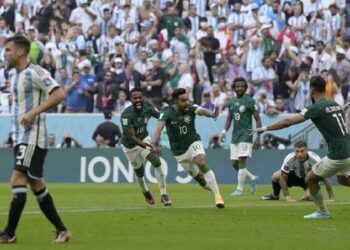 Selebrasi pemain Arab Saudi usai mengalahkan Argentina