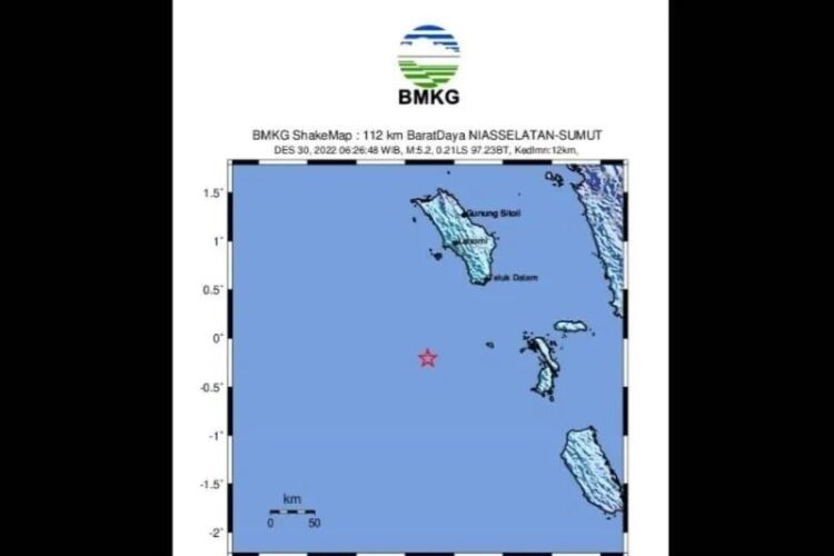 Tangkapan layar gempa bumi berkekuatan magnitudo 5,2 mengguncang wilayah Nias Selatan pukul 06.26 WIB, Jumat (30/12/2022). (ANTARA/HO-BMKG)