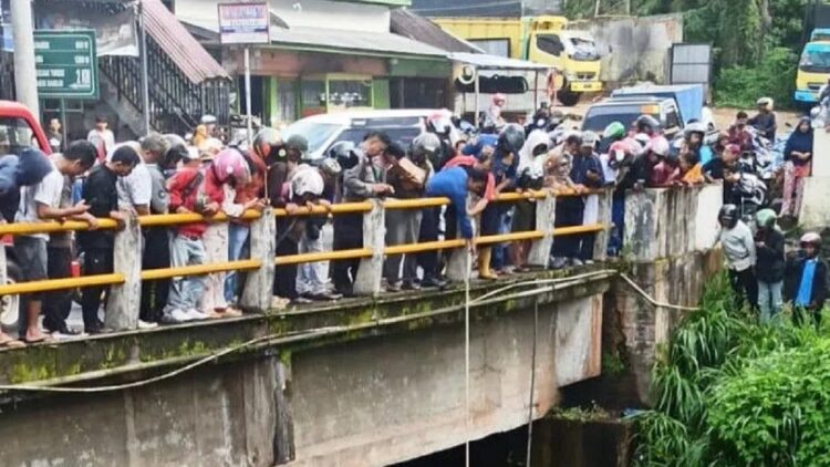 Petugas kepolisian dan warga melakukan evakuasi terhadap seorang yang diduga nekat mencoba bunuh diri di Jembatan Sungai Tanang. (Antara/HO-Dokumen Pribadi)