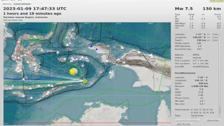Peta gempa bumi M7,9 di wilayah Maluku dan Sulawesi Tenggara pada Selasa (10/1/2023) pukul 00.47.34 WIB (ANTARA/HO-BMKG)