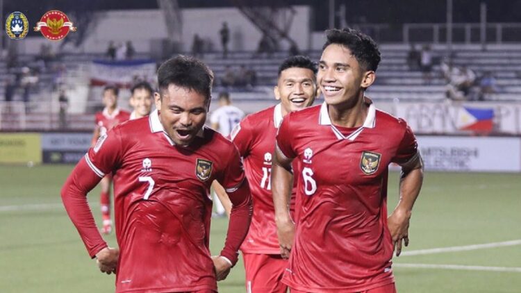 Selebrasi Marselino Ferdinan usai cetak gol ke gawang Filipina.