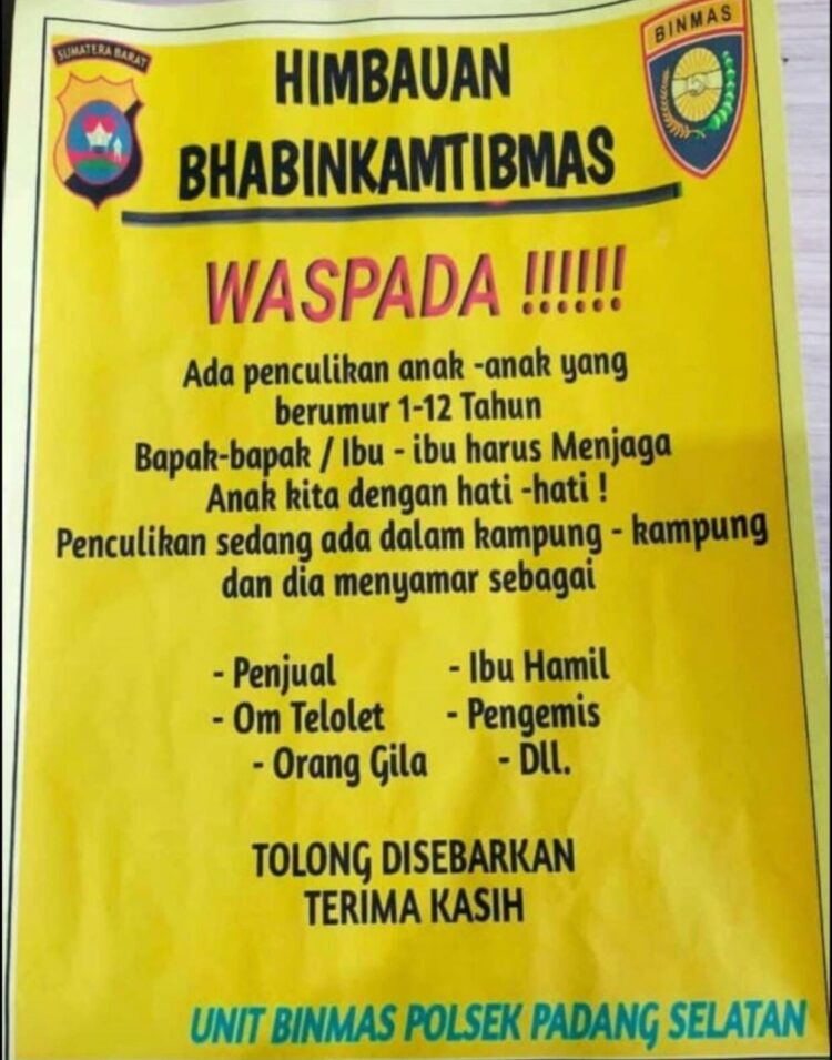 Polisi Imbau Orangtua Waspada Pasca Isu Penculikan Murid SD di Padang, Kadisdikbud: Saya Belum Tahu 1 Selebaran imbauan terkait penculikan anak ini beredar di media sosial. (Foto: media sosial)