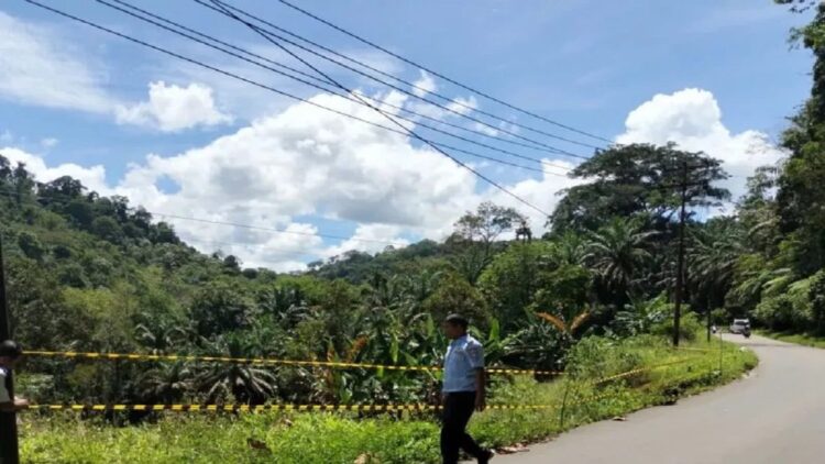 Dinas Perhubungan Pasaman Barat saat memasang garis pengaman pada lokasi jalan yang mengalami terban pada ruas jalan Simpang Empat-Talu untuk kelancaran arus mudik lebaran 2023. (Foto: ANTARA)