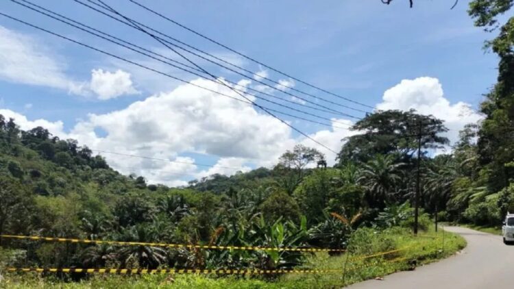 Dinas Perhubungan Kabupaten Pasaman Barat memasang tali sebagai garis pengaman terhadap jalan yang terban agar pengendara hati-hati. (Foto: ANTARA)