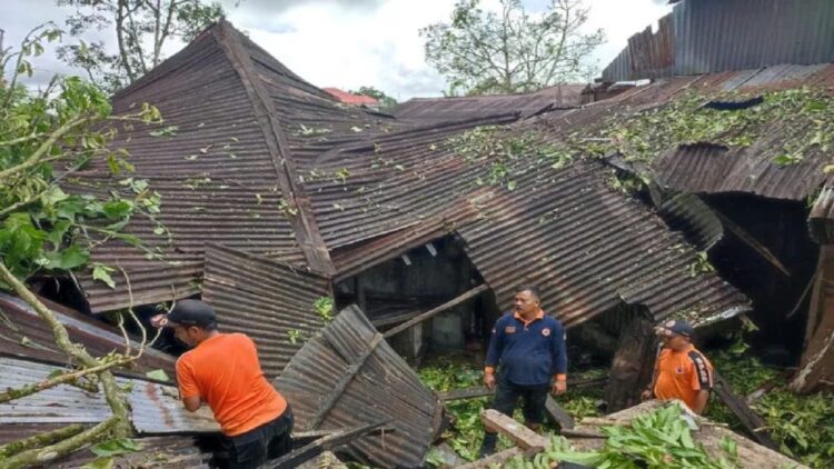 Satgas BPBD Agam sedang membersihkan material pohon tumbang menimpa rumah warga Matua, Sabtu (6/5). Dok BPBD Agam