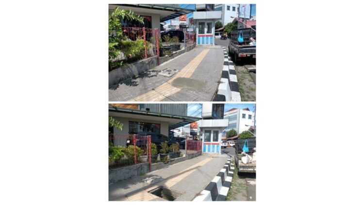 Kondisi sebelum dan sesudah trotoar yang sempat berlubang di kawasan Ahmad Yani, Kecamatan Padang Barat, Kota Padang. (Foto: Dok. Radarsumbar.com)
