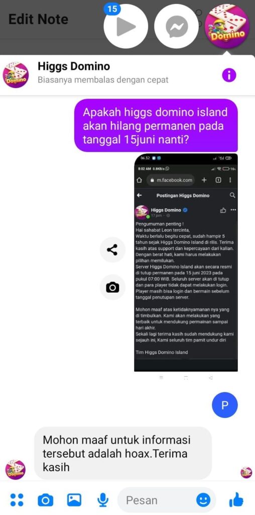 Akhirnya Terjawab, Higgs Domino Island Ditutup 15 Juni Ternyata Hoaks! 2 Chat messenger akun asli Higgs Domino Island.