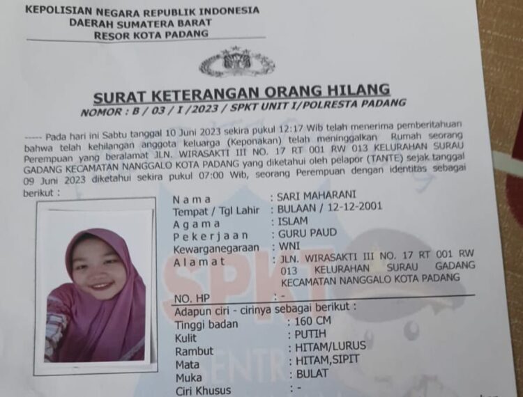 Bukti laporan orang hilang yang telah dibuat oleh keluarga Sari Maharani. (Foto: Dok. Istimewa)