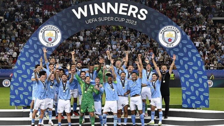 Manchester City juara Piala Super Eropa setelah menang adu penalti lawan Sevilla di Georgios Karaiskakis Stadium pada 17 Agustus 2023. ANTARA/AFP/ARIS MESSINIS