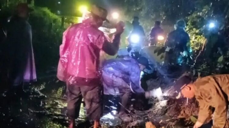 Kepolisian Sektor Talamau bersama anggota dan Camat Talamau saat turun ke lokasi pohon tumbang dan longsor di daerah Polong Anam Talu mengakibatkan akses transportasi Simpang Empat-Talu terputus, Sabtu (19/8/2023). Antara/HO-Camat Talamau.