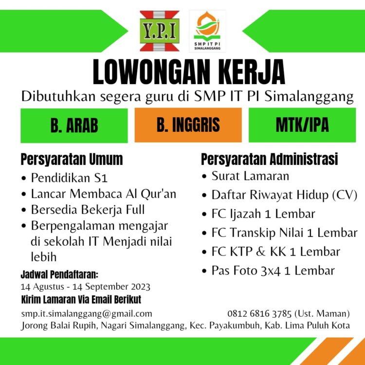 Sekolah Menengah Islam Terpadu Perguruan Islam (SMP IT PI) Simalanggang, Kabupaten Limapuluh Kota membuka lowongan kerja bagi guru bahasa dan MIPA. (Foto: Dok. Istimewa)
