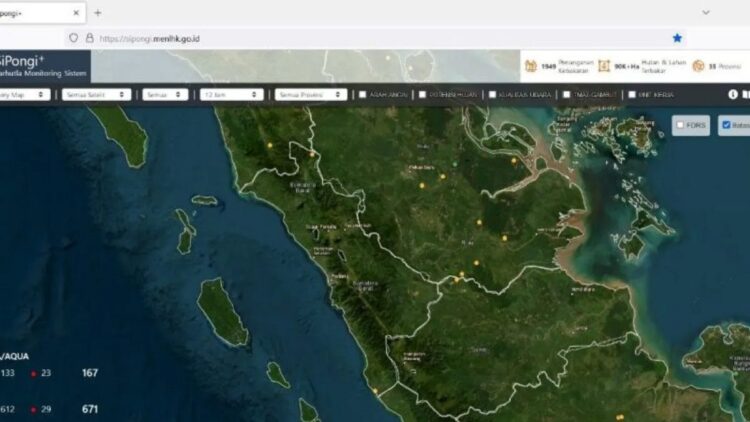 Pantauan di aplikasi SiPongi, jumlah titik panas di Sumbar pada Kamis (14/9) pukul 16.00 WIB tinggal dua titik bewarna kuning. (ANTARA/Tangkapan layar)