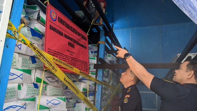 Direktur Jenderal Pengawasan Sumber Daya Kelautan dan Perikanan (PSDKP), Adin Nurawaluddin saat melakukan penyegelan terhadap 4.050 kg ikan salem (Pacific Mackerel) asal Tiongkok di Kota Banjarmasin. (Foto: KKP)