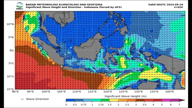 Peta potensi gelombang tinggi yang dirilis oleh Badan Meteorologi, Klimatologi, dan Geofisika (BMKG) pada Selasa (19/9/2023). (ANTARA/HO-BMKG)