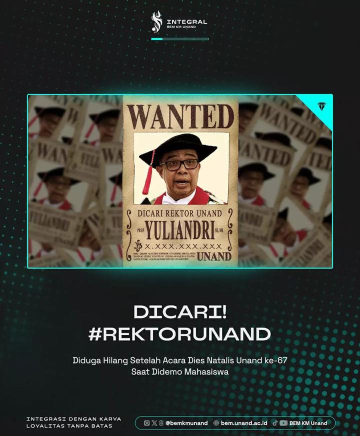 Wanted! Rektor Unand Dicari Mahasiswa 1 Postingan BEM KM Unand di Istagram. (Foto: Dok. Istimewa)
