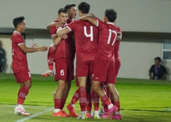 Selebrasi pemain Timnas U-23 usai Ivar Jenner cetak gol pertama lawan Turkmenistan. (dok. PSSI)