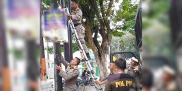 Dipasang di Pohon dan Tiang Listrik, Ratusan Reklame Dibongkar Petugas di Padang