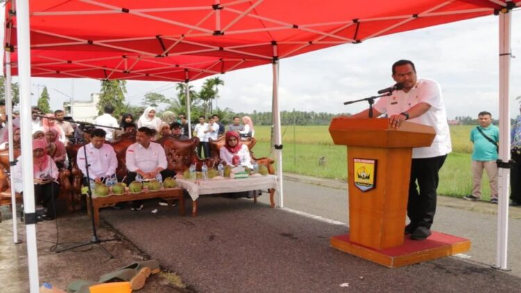 Sekretaris Daerah Kota Pariaman, Sumbar Yota Balad memberikan sambutan saat Panen Raya Padi yang dihadiri oleh Direktur Jenderal (Dirjen) Tanaman Pangan Kementan RI, Suwandi di Desa Palak Aneh, Kecamatan Pariaman Selatan, Rabu. Antara/HO-Diskominfo Pariaman