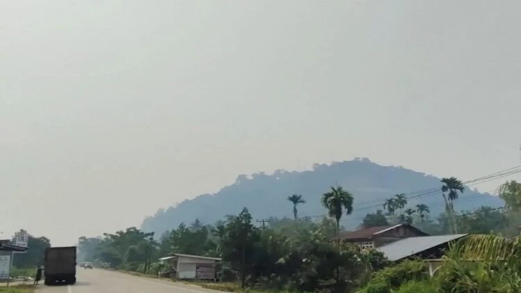 Puncak Gunung Medang di Jalan Lintas Sumatera Gunung Medan Kabupaten Dharmasraya, Sumbar, diselimuti kabut asap, Sabtu (30/9). Kabut asap menyelimuti daerah itu diduga asap kiriman dari Provinsi Jambi. (Antara/Ilka Jensen)