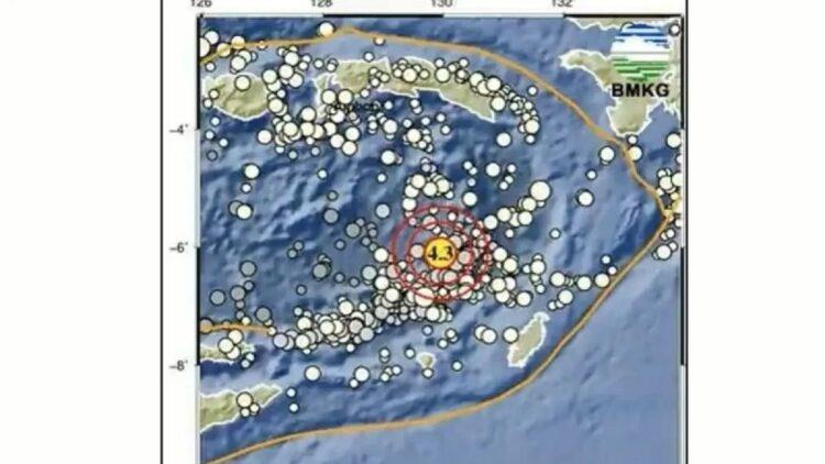 Badan Meteorologi, Klimatologi, dan Geofisika (BMKG) mencatat terjadinya gempa bumi berkekuatan magnitudo 4,3 pada pukul 01:10:55 WIB di 256 km Barat Laut Maluku Tenggara Barat, Minggu (12/11/2023). ANTARA/X/@infoBMKG.