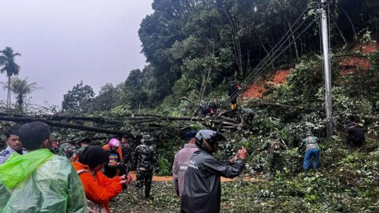 Sempat Putus Total, Jalan Lintas Sumbar-Riau Kini Bisa Dilalui 1 Tim gabungan membersihkan material longsor di jalan lintas Sumatera Sumbar-Riau. (ANTARA/HO-Basarnas)