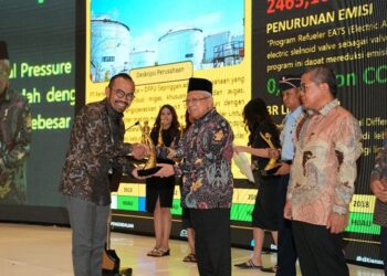 Wakil Presiden RI, KH Ma'ruf Amin (kanan) menyerahkan penghargaan kepada Pertamina Patra Niaga Sumbagut. (Foto: Dok. Pertamina)
