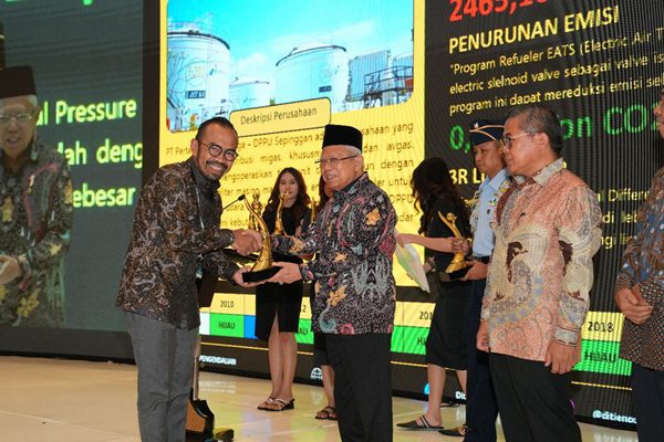 Gegara Ini, Pertamina Patra Niaga Regional Sumbagut Raih Penghargaan KLHK 1 Wakil Presiden RI, KH Ma'ruf Amin (kanan) menyerahkan penghargaan kepada Pertamina Patra Niaga Sumbagut. (Foto: Dok. Pertamina)