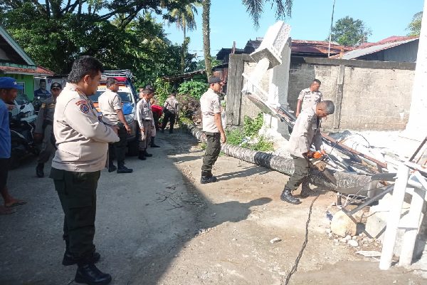 Pohon Tumbang di Padang Hantam Gerbang Perumahan hingga Roboh 1 Petugas mengerjakan pemotongan dan evakuasi pohon tumbang yang menimpa gerbang perumahan hingga hancur dan menutup akses jalanan di kawasan Tanjung Saba Pitameh, Kecamatan Lubuk Begalung, Kota Padang, Sumatera Barat (Sumbar) pada Senin (29/1/2024) pagi. (Foto: Dok. Pusdalops PB)