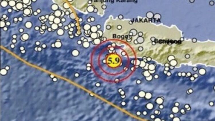 Pusat gempa M5,9 yang berlokasi di 7.57 LS, 106.14 BT, 72 km Barat Daya, Kabupaten Bayah, Banten di kedalaman 74 km pada Rabu, (3/1/2024). ANTARA/HO/BMKG