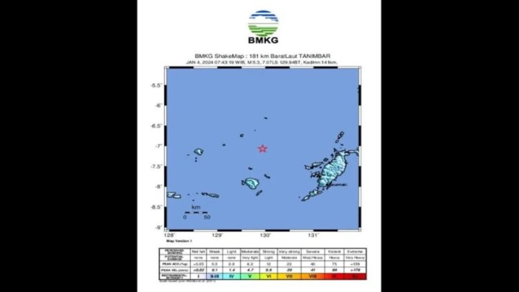 Gempa M 5,6 Guncang Laut Banda Maluku Tengah, BMKG: Tidak Berpotensi Tsunami 1 Peta pusat gempa dengan kekuatan magnitudo 5,3 di wilayah Laut Banda, Maluku Tengah, Maluku, Kamis (4/1/2024). (ANTARA/HO-BMKG)